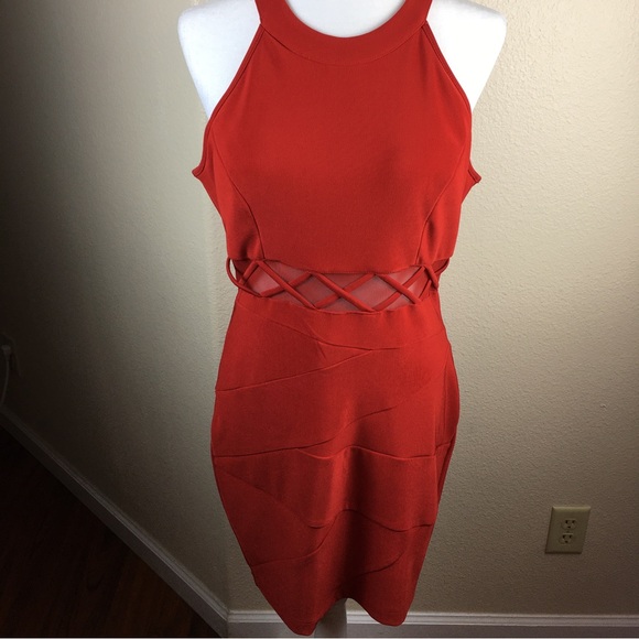 Emerald Sundae Juniors' Mesh Illusion-Waist Bodycon Red Dress XL - Picture 8 of 13